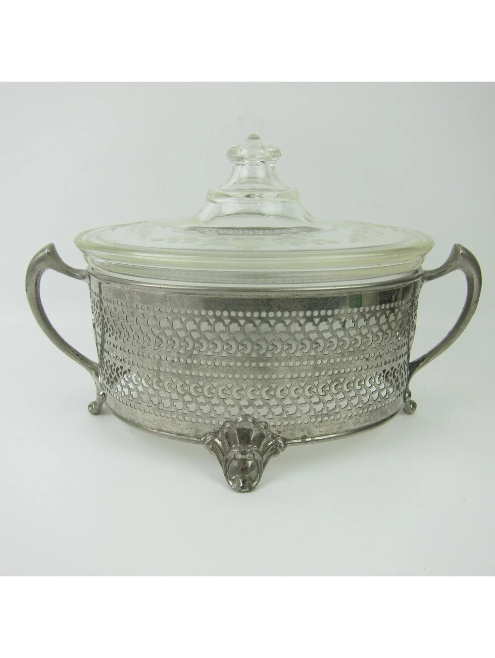 Vintage PYREX Covered Casserole Dish Floral Etched Lid Mara Silver Metal Stand